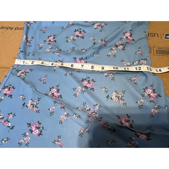 Boho Cottagecore Blue Floral Mesh Mini Dress Asymmetrical Lettuce Hem Y2K Style - Picture 7 of 7